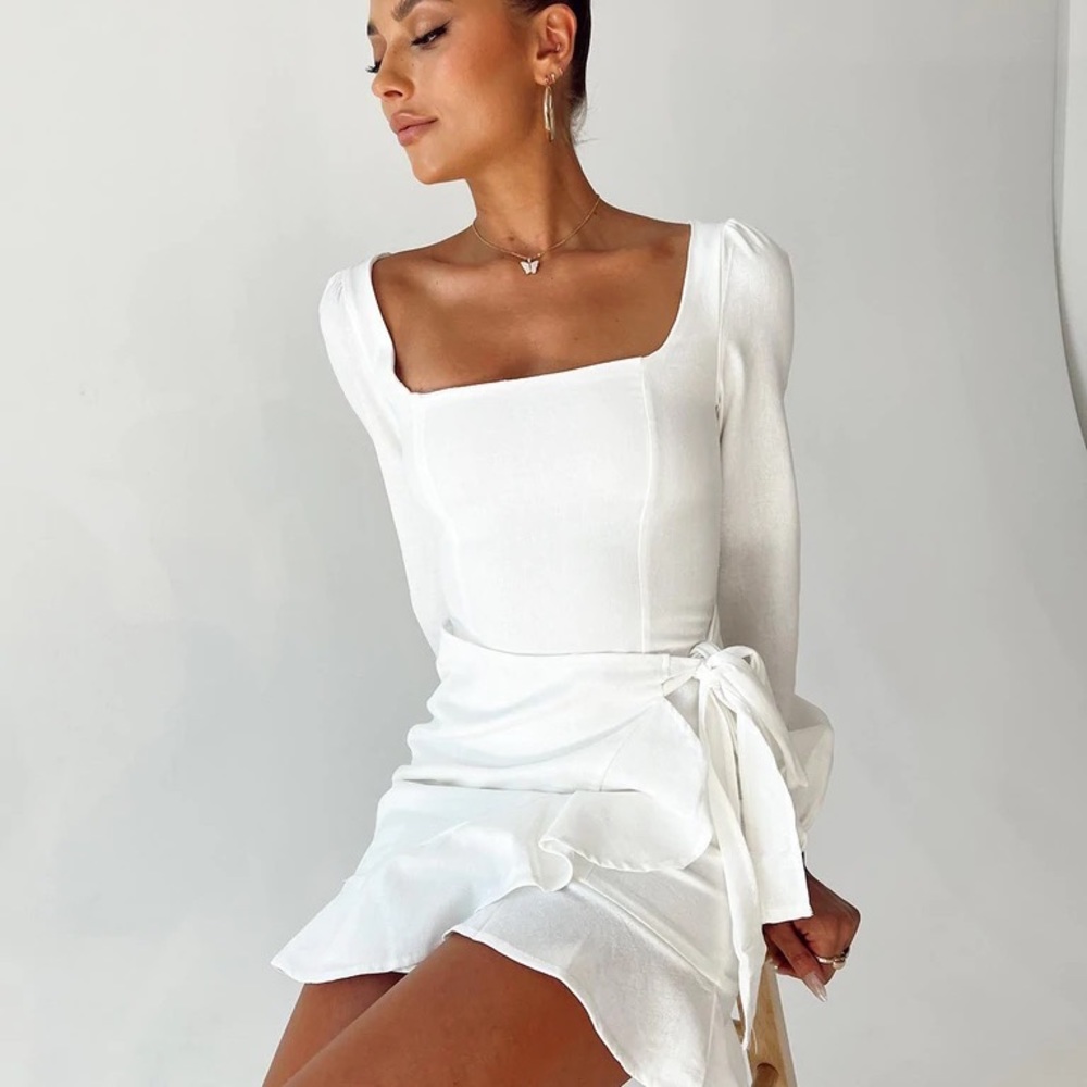 Princess Polly NWT White Long Sleeve Wrap The Villa Mini Dress